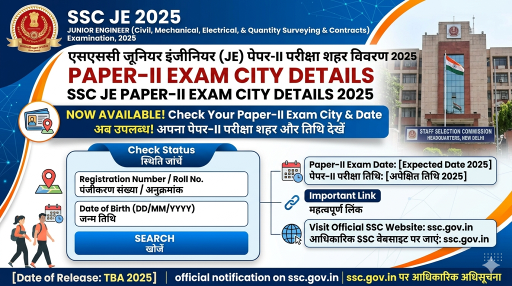 SSC Junior Engineer Paper II Exam City Details 2025