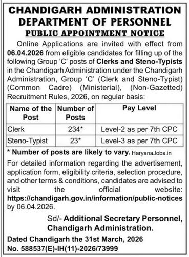 Chandigarh Administration Clerk and Steno-Typist Recruitment 2026